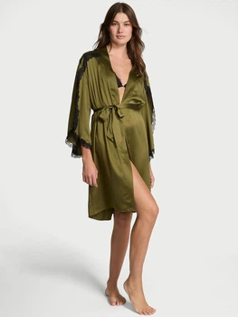 Сатиновий халат Victoria's Secret Satin Rose Lace-Trim Midi Robe M/L зелений 27122957