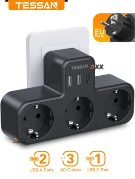 Мережевий ільтр розгалужувач Трійник на 3 євро розетки + USB-C + 2USB-A Tessan 3600W/16A Чорний