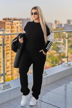Теплый женский костюм-тройка SOLINNA (Жилет + Свитшот + Брюки) на флисе VL-1652. Черный, 50-52