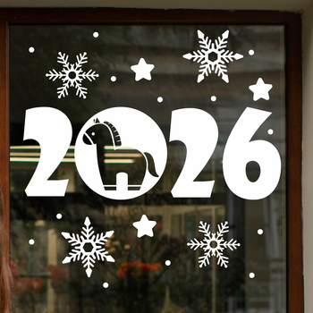 Новогодняя наклейка на окно Лошадка Надпись 2026 снежинки Happy Pocket Набор S белый матовый HP-151S-010M