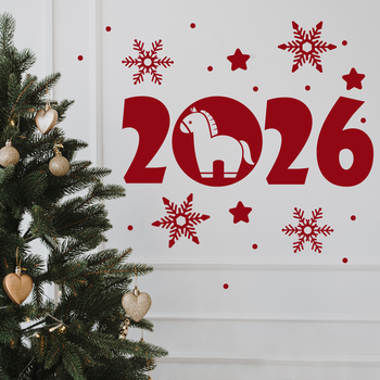 Новогодние наклейки декор Конёк Надпись 2026 снежинки звёзды Happy Pocket Набор M красный матовый (HP-151M-030M)