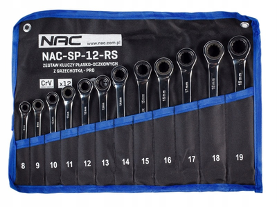 Zestaw kluczy płasko-oczkowych Nac 12 szt z grzechotką rozmiar 8 - 19 mm + etui (NAC-SP-12-RS)