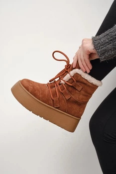 Женские высокие замшевые ботинки-угги PARADIZE SHOES рыжего цвета на шнурках с высокой подошвой 41 размер (стелька 26,7 см)