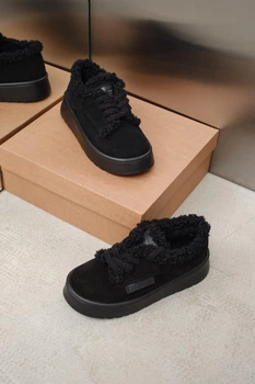 Женские зимние кеды PARADIZE SHOES чёрные замшевые с чёрной меховой опушкой на высокой подошве 36 размер (стелька 23,4 см)