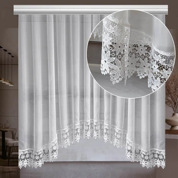 Шифонова штора арка з квітковим мереживом для кухонного вікна Adagio Windows Decor Тюль фіранка біла 3х1,6м