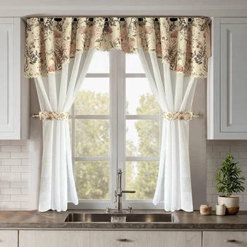 Штори льон з квітковим ламбрекеном для кухні Adagio Windows Decor Занавіска Левада у бежевому кольорі 280х170 см