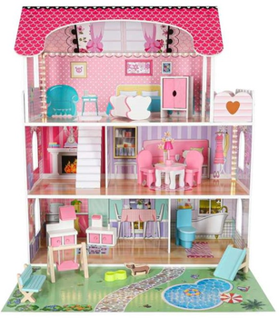 Drewniany domek dla lalek Kik Lulilo LED Gardeno z ogródkiem mebelki 70 cm Różowy (KX6484_1) (5903039767348)