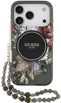 Etui Guess IML Flowers Pearl Strap MagSafe do iPhone 17 Pro Max Czarny