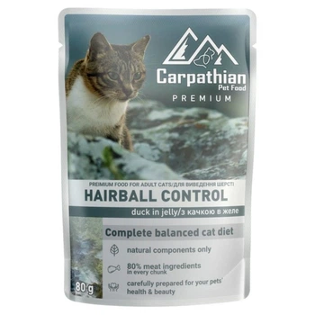 Корм вологий Carpathian Pet Food для котів для виведення шерсті з качкою в желе 80 г (4820111141371)