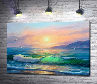 Картина Морской пейзаж на закате с чайками 130x87 см Модуль №1 (005887)