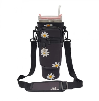 Сумка-чехол для термокружки Stanley Quencher 1,18 л черная ромашка KT7001313 с ремешком, защитный кейс для кружки