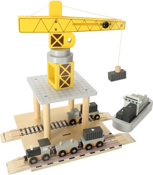 Zestaw do zabawy drewniany KIK Port morski - dźwig  żuraw, statek i auta KX3774 (5903039750975)