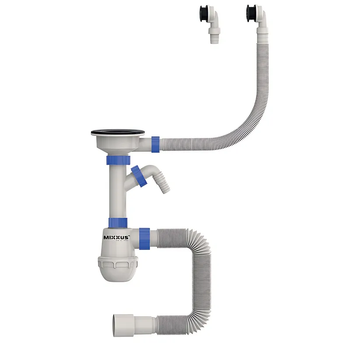Сифон для кухни Mixxus SK-06-BL 3 1/2"x40 с пластиковой сеткой, отводом для стиральной машины, гибким круг. переливом (MI8196)