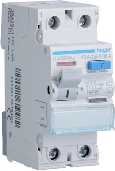 Диференційний вимикач Hager CDC240J 1P+N 40 A 30 мA 6 kA AC