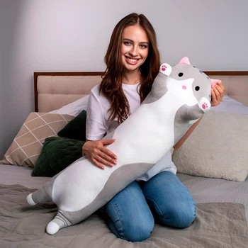 Подушка обнимашка кот батон серый 90см декоративный мягкий котик мягкая игрушка ростовая детская подушка-обнимашка (COPY)