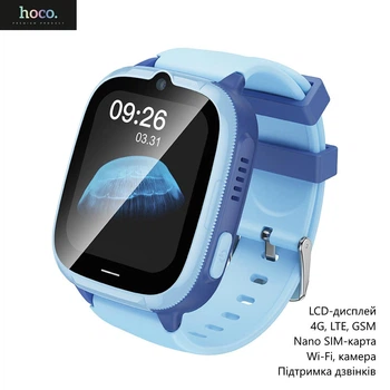Детские смарт часы Hoco Y106 (поддержка звонков, LCD-дисплей, 4G, LTE, GSM, Nano SIM-карта, Wi-Fi, камера) - Синий