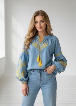 Блузка женская с вышивкой колосков Fashion Голубая 18685 M/L (46-48)