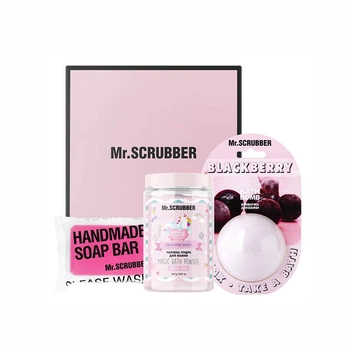 Набір для розслаблення та очищення тіла Mr.SCRUBBER Pink Relax: Пудра для ванни Mr.SCRUBBER Magic Bath Powder Unicorn Dust 250 г + Мило Mr.SCRUBBER Handmade Soap Bar Sweet Guava 170 г + Бомбочка для ванни Mr.SCRUBBER Bath Bomb Blackberry 200 г