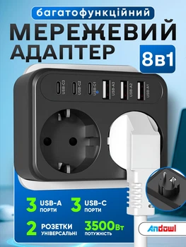 Адаптер мережевий 8в1 usb a type c євро розетка Andowl Q-PX220X1 3500w зарядний блок з 2 ac розетки євровилка + 3 юсб а + 3 юсб тайп сі портами для зарядки перехідник між стандартами вилок типу C/E/F зарядний мережний пристрій 3500 ват чорний