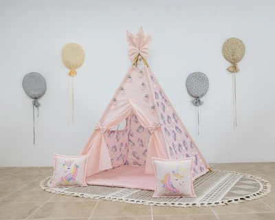 Вигвам с единорогами Unicorn с матрасом 115 * 115 см, 2 подушками, флажками, бантом, фиксатором и сумкой для хранения из текстиля