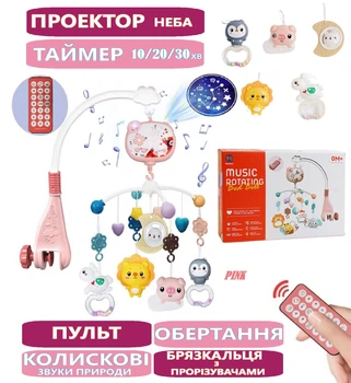 Мобиль на кроватку Youbeien детская карусель с проектором колыбельные звуки природы пульт таймер вращение Pink (RT 668-17/02)