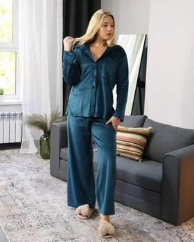 Женский костюм - рубашка и свободные штаны палаццо, велюр изумруд, L/XL