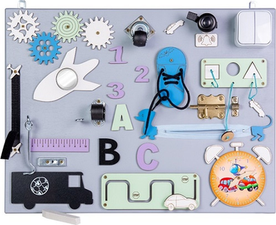 Сенсорно-маніпуляційна дошка Ikonka дерев'яна з помаранчевим годинником 50 x 37.5 см (5901549533859)