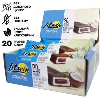 Блок Батончиков FitWin Protein Bar 33%, 12 шт x60 грамм Кокос и крем (без сахара) (536543511)