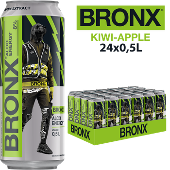 Упаковка слабоалкогольного енергетичного напою BRONX Kiwi Apple 8% 0.5 л х 24 шт (4820193038873)