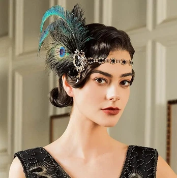 Набір прикрас у стилі Great Gatsby / Ретро 20-х років – пов’язка з павиним пір’ям, перли, сережки зелений
