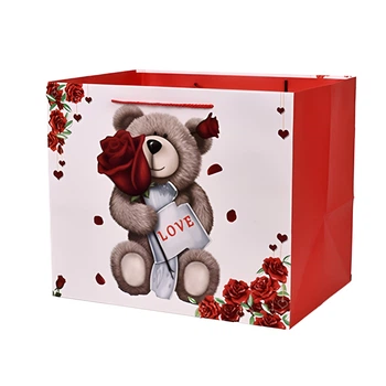 Подарунковий пакет з широким дном Teddy Love R101614-L 31х37х26 см Червоний з білим та сірим