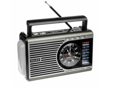Радіоприймач Meier Bluetooth у ретро стилі з годинником і ліхтариком, FM AM SW, USB, SD, microSD, AUX, акумуляторний та мережевий