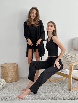 Піжама жіноча четвірка халат майка шорти штани Comfort Collection S-M чорний