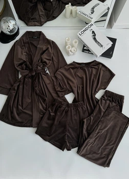 Комплект жіночий четвірка халат футболка шорти штани Evelyn Collection S-M коричневий