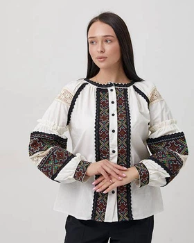 Жіноча Вишита Сорочка Біла Вишиванка Блузка На Ґудзиках З Бордовою Вишивкою XXL (359977)
