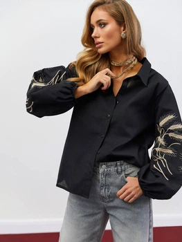 Женская рубашка базовая черная с колосками пшеницы 80% хлопок, 20% полиэстер L (319594)