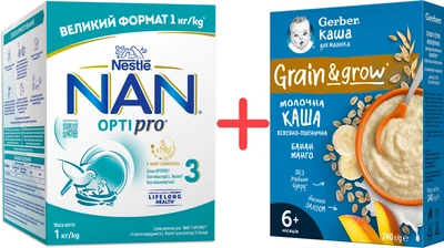 Набір Суміш молочна суха NAN 3 Optipro з 5 олігосахаридами та L. Reuteri для дітей від 12 місяців 1 кг + Каша Gerber Суха молочна швидкорозчинна Вівсяно-пшенична Банан-Манго для дітей з 6 місяців 240 г (8445291443099/7613039834053)
