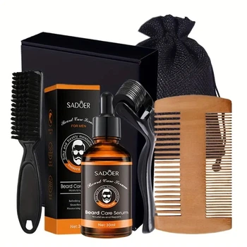 Набір для догляду за бородою та вусами Sadoer Beard Care Kit 5 в 1 з сироваткою щіткою мезоролером гребінцем і мішком для зберігання косметичний комплект для бороди та вусів чоловічий подарунковий набір