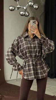 Женская Рубашка Шоколадная В Клетку С Завязками Oversize (383398)