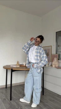 Сорочка жіноча клітинка блакитна базова Oversize (344559)