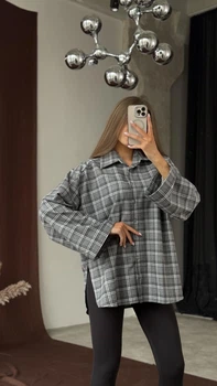 Женская Рубашка В Клетку Серая С Завязками Oversize (364828)