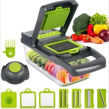 Многофункциональная овощерезка измельчитель Veggie slicer, ручной мультислайсер, кухонная терка для нарезки овощей и фруктов с насадками и контейнером, Серый с зелёным