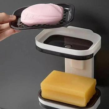 Мыльница настенная на липучке в ванную со сливом двойная Soap dish, пластиковая подставка для мыла, двухуровневая, для мыла, губки, хранения аксессуаров, белая с серым