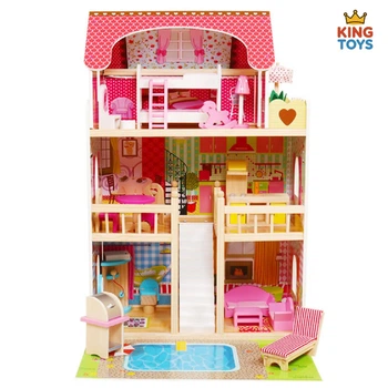 Деревянный кукольный домик SummerVilla с мебелью и бассейном