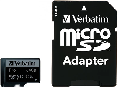 Карта памяти Verbatim Pro microSDXC 64GB UHS-I U3 V30 + SD-адаптер (47042)