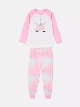 Піжама (кофта+штани) флісова рожево-біла Єдиноріг Primark 140см (400011950)