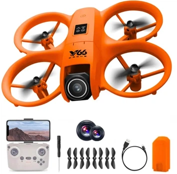 Квадрокоптер V66 Mini — дрон с 8K камерой, 180° поворотом, Wi-Fi FPV, дальность до 200 м, время полёта до 12 минут, оранжевый