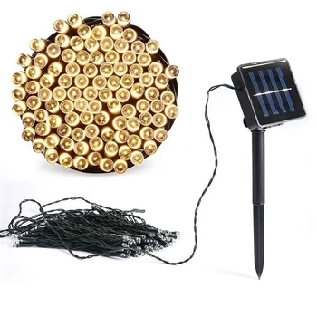 Уличная гирлянда нить 1000 LED 100 м на солнечной батарее черный провод желтый свет IP65 энергосберегающая