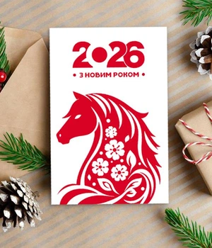 Открытка новогодняя 2026 год коня "З новим роком" (HR2071)