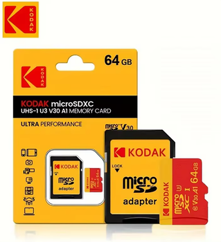 Карта памяти KODAK MicroSD 64 ГБ – класс C10 U3 V30 A1, до 100 МБ/с